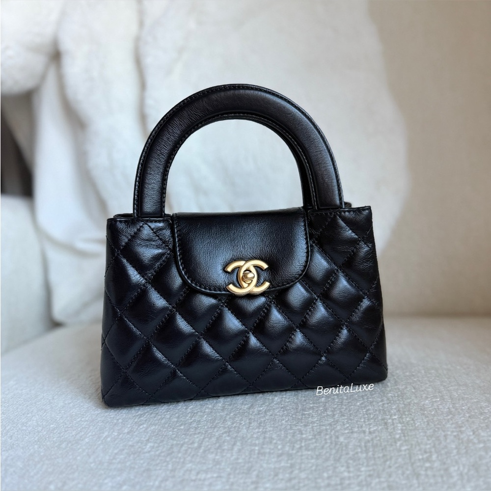 CHANEL Nano Top Handle Bag Black Calfskin Brushed Gold Hardware Crossbody Kelly